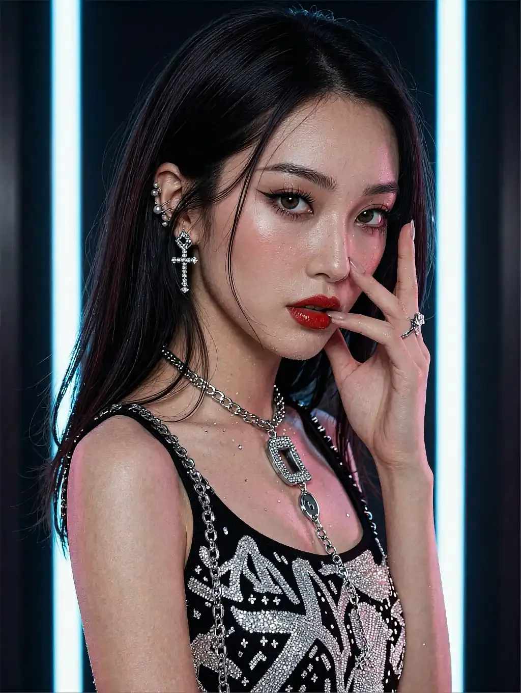 Dark-haired woman with cross earrings, red lips, and crystal-embellished black top under neon