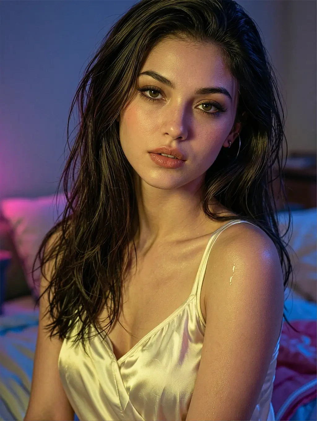Brunette in a cream satin slip camisole on a bed under purple-blue ambient light