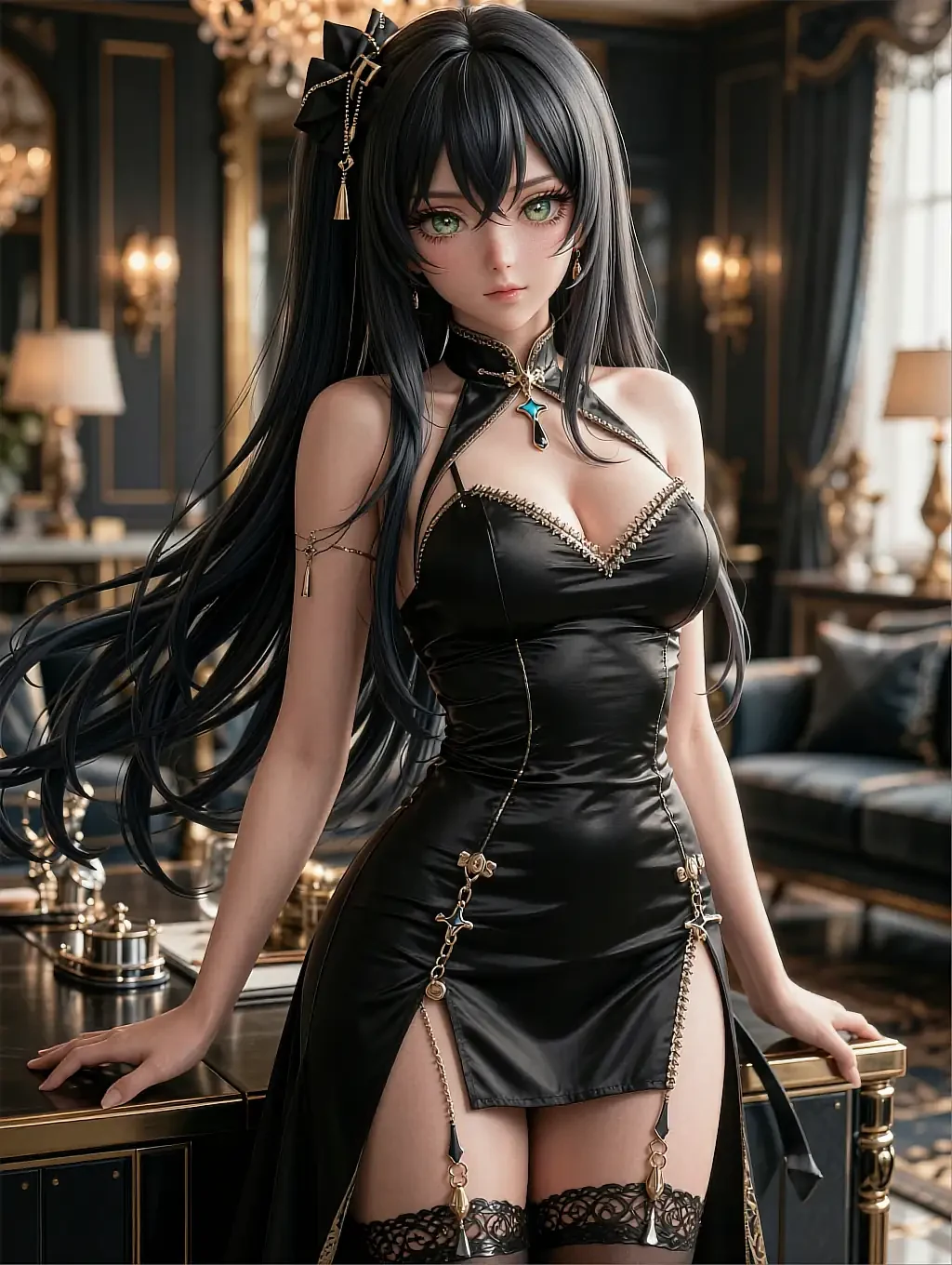 Anime-styled black-haired woman in a black satin dress with gold chain details in an ornate room