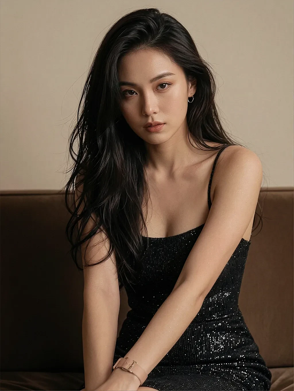 Black-haired woman in a black sequin spaghetti-strap dress seated on a brown leather sofa