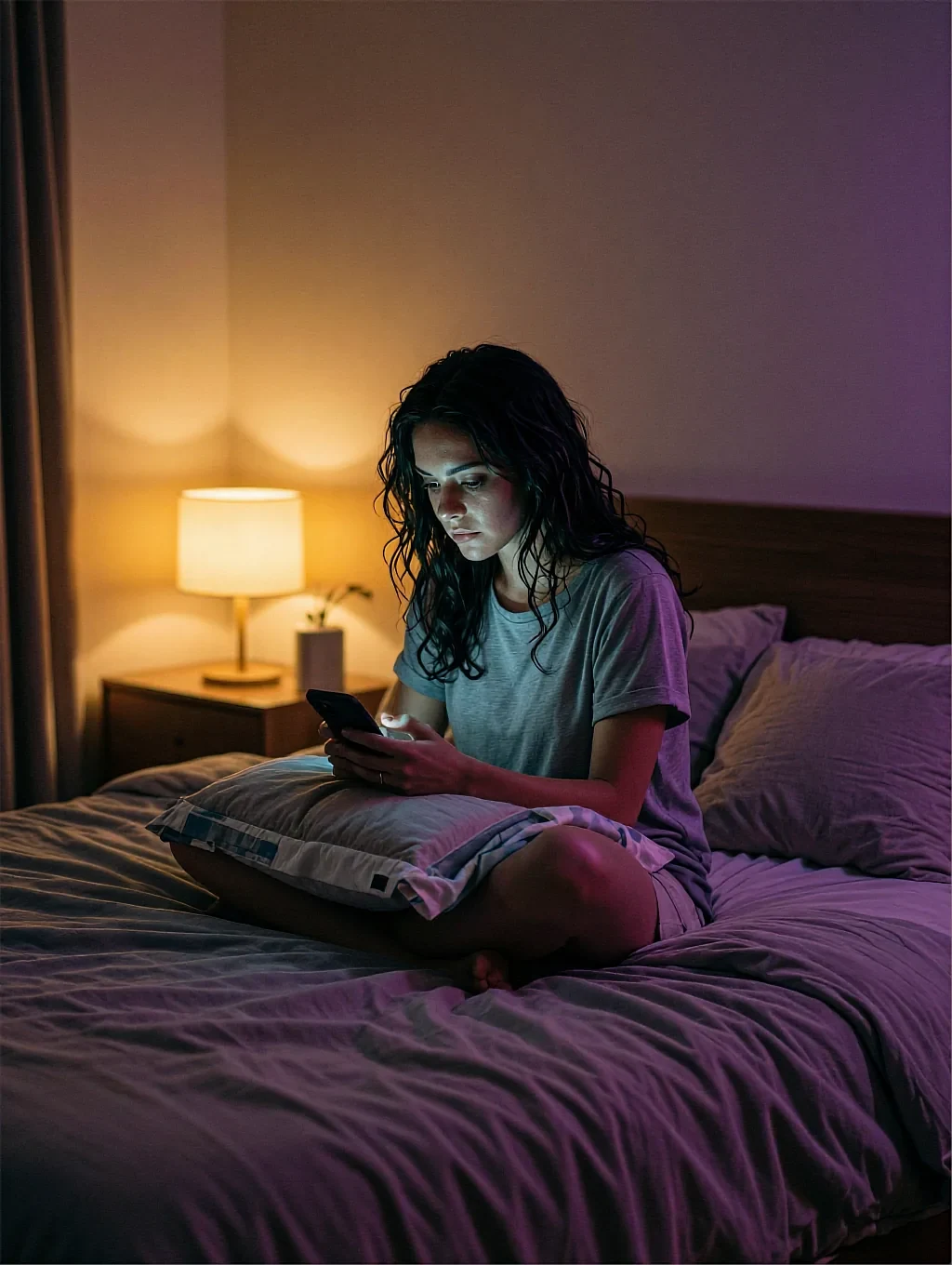 Curly dark-haired woman reading her phone in bed at night with warm lamp and purple light
