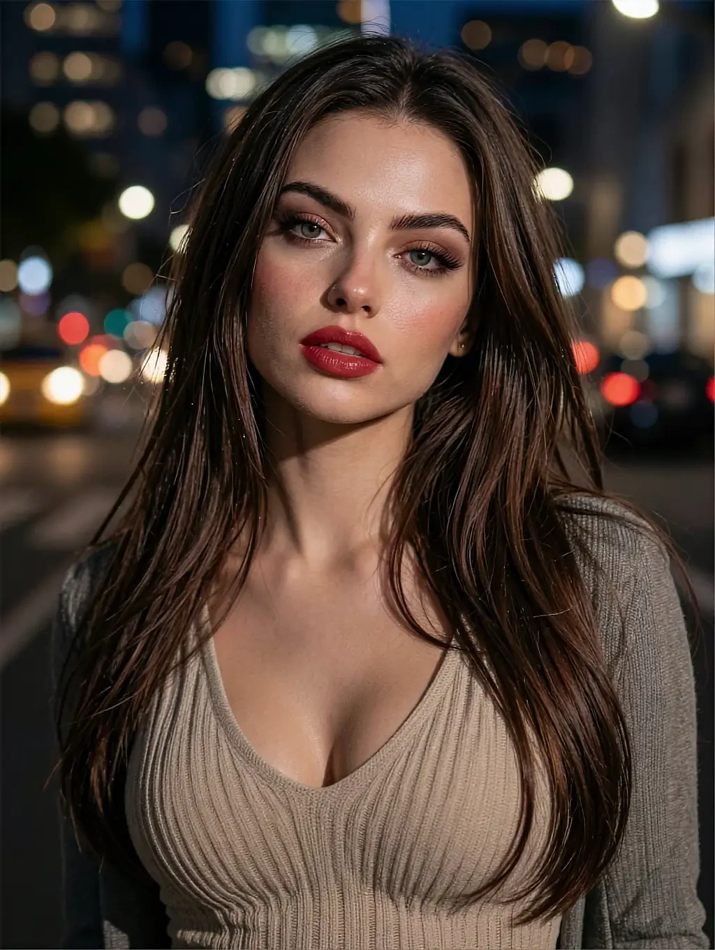 Brunette with red lips in a beige ribbed knit top on a city street at night
