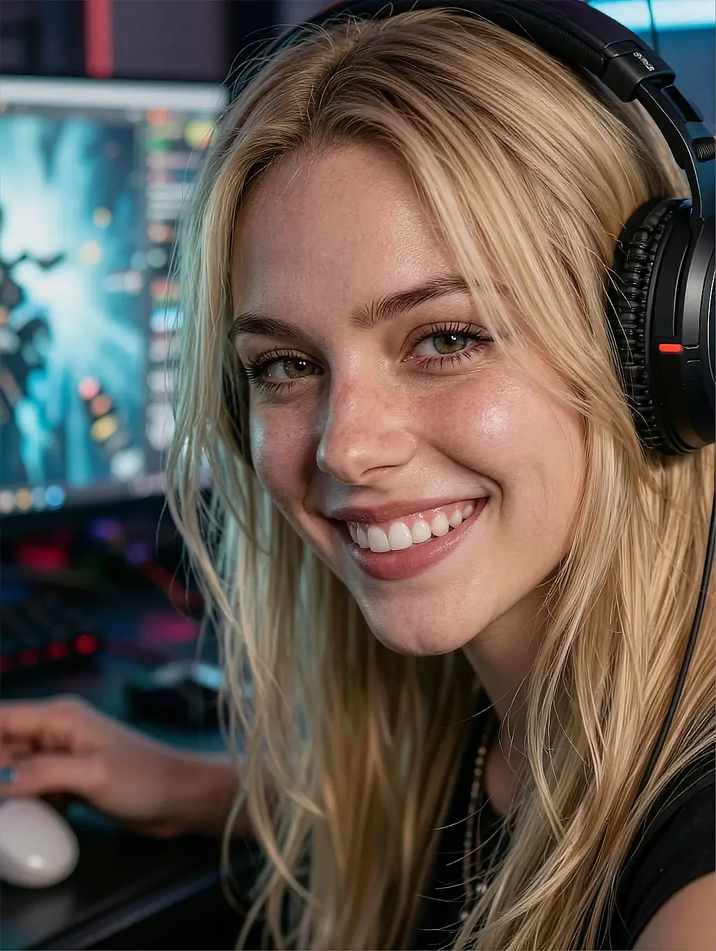 Blonde smiling with headphones on at a gaming desk with a monitor behind her